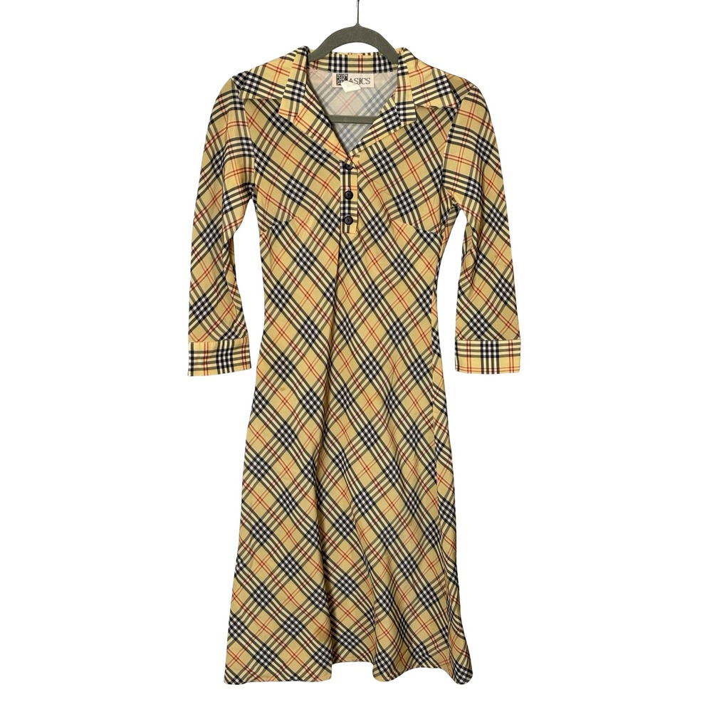 Basics Plaid Rayon Crepe Collared Button Front Dress Size Small Tan Multi